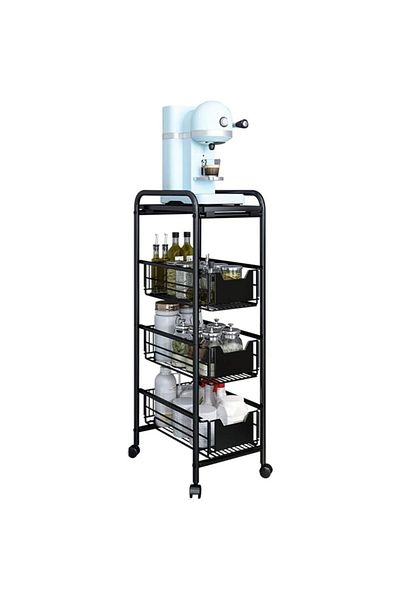 Quasar & Co. Universal Storage Shelf, with Wheels, 4 Shelves, Rectangular, 24x36x85 Cm, ​​Metal, Black