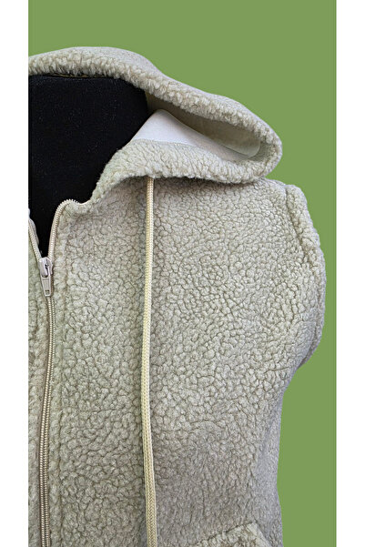 AHMERA Unisex Krem Normal Kalıp Kapüşonlu Cepli Polyester Bukle Desen Yelek