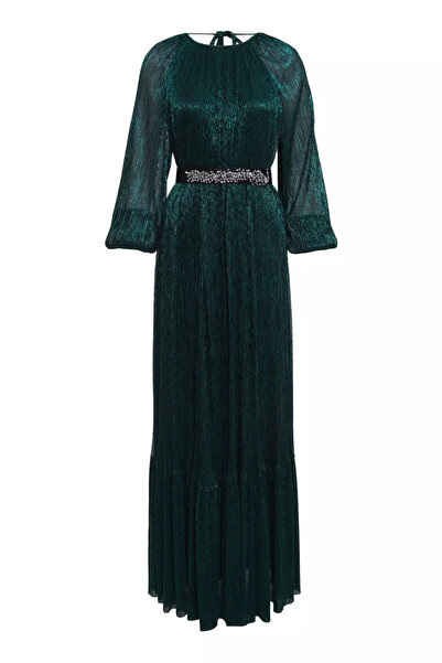 Keikei Yeşil simli uzun kol uzun elbise