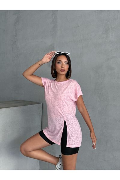 Miss Prova Soft Textured T-Shirt with Side Slits Pink Missts2522