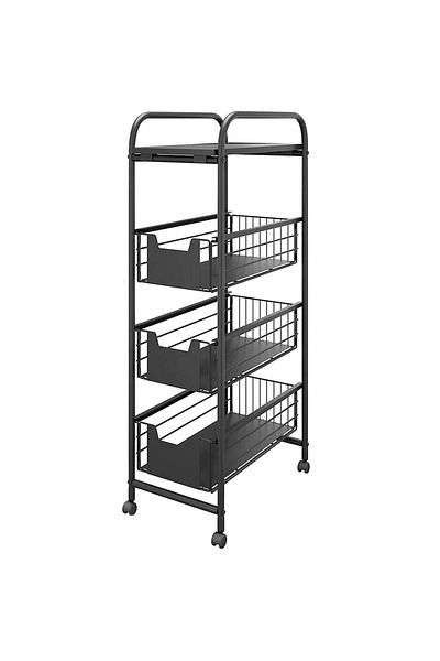 Quasar & Co. Universal Storage Shelf, with Wheels, 4 Shelves, Rectangular, 24x36x85 Cm, ​​Metal, Black