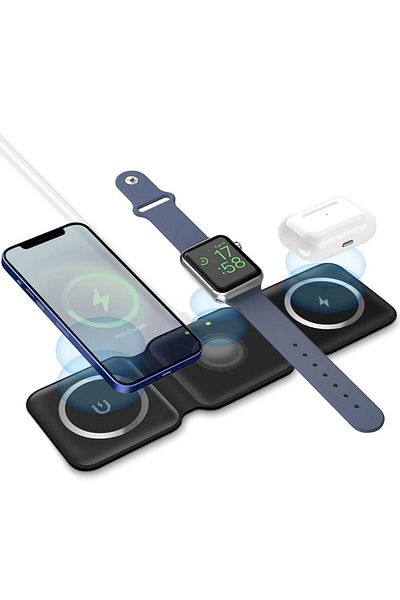 Quasar & Co. Magnetic Wireless Charger 3 In 1, Universal, Foldable, Fast Charging 15w, 25x7.5x0.75 Cm, ​​Black