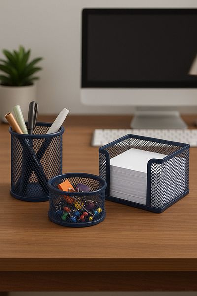 Need Desktop Perforated 3-Piece Navy Blue Pen Holder Set Nd-1018