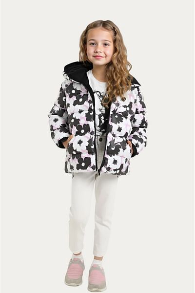 Firststops Sports Girl's White Purple Flower Pattern Fleece Water and Windproof Hooded Puffer Coat