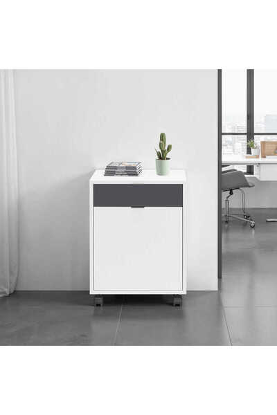 Adore Mobilya Vera Çekmeceli Kapaklı Komodin-Beyaz-Antrasit 45x60x40 cm (GxYxD)