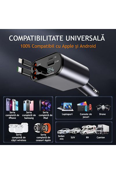 VENTLEX Incarcator Auto Rapid Retractabil 4in1 Afisaj Digital Tensiune Cu 2 Cabluri Retractabile Typec/apple
