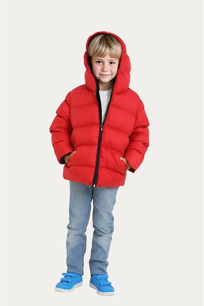 Firststops Sports Boy's Red Fleece Hooded Waterproof Wind-Resistant Puffer Jacket