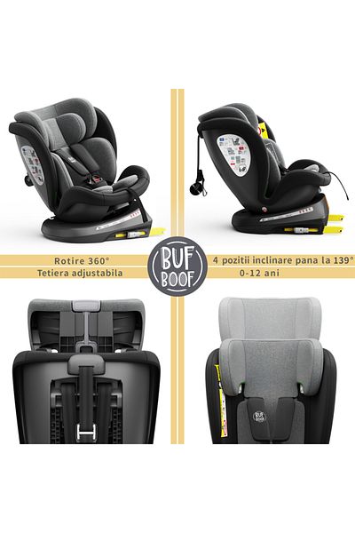 BUF BOOF Scaun auto TWT Plus iSize Buf Boof Black cu isofix Rotativ 360 Pozitie Somn Top Tether 40-150 cm