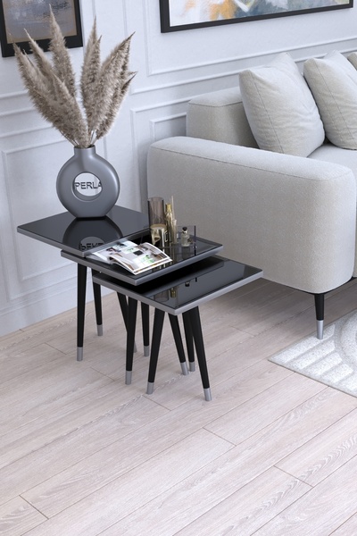 ysnn aksesuar LİVA 3'LÜ GRİ-SİYAH RENK FÜME AYNALI ZİGON SEHPA TAKIMI