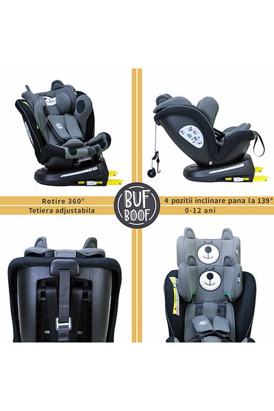BUF BOOF Scaun auto TWT Plus iSize Buf Boof UrsBlack isofix Rotativ 360 Pozitie Somn Top Tether 40-150 cm