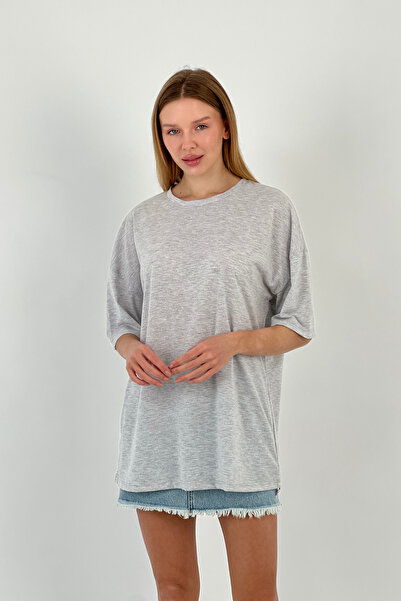 Miss Poem Women's Loose Summer Short Sleeve Oversize Long Gray T-Shirt