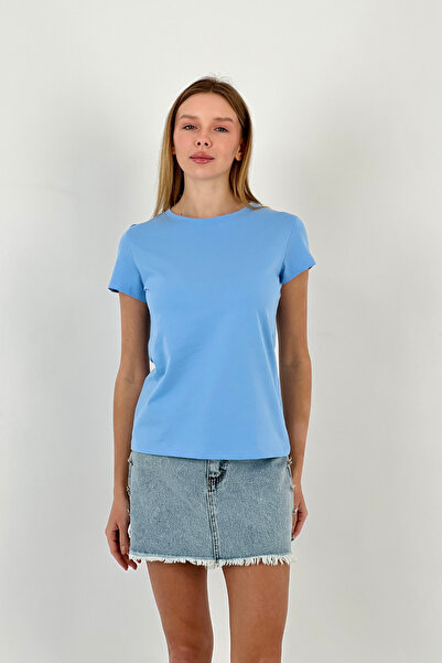 Miss Poem Women's Slim Fit Summer Short Sleeve Tight Blue T-Shirt