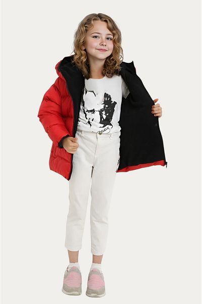 Firststops Sports Girl's Red Fleece Furry Hooded Waterproof Wind-Resistant Puffer Coat