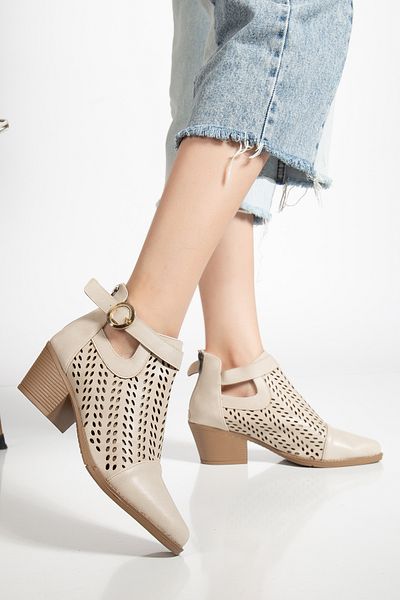 MS SUGAR SHOES Women's Stylish Perforated Zippered Buckle Detailed Leather Summer Cowboy Boots