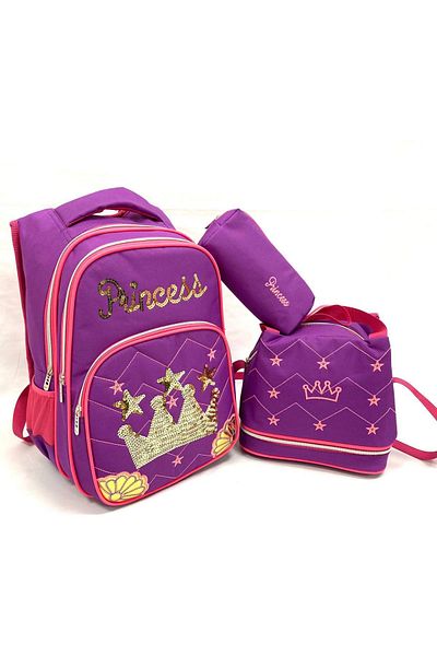 LUGMO Set rucsac pentru școală primară, cutie de prânz și suport pentru stilou Princess Purple