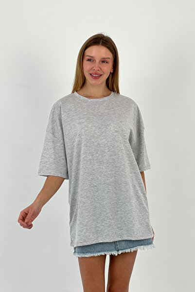 Miss Poem Women's Loose Summer Short Sleeve Oversize Long Gray T-Shirt