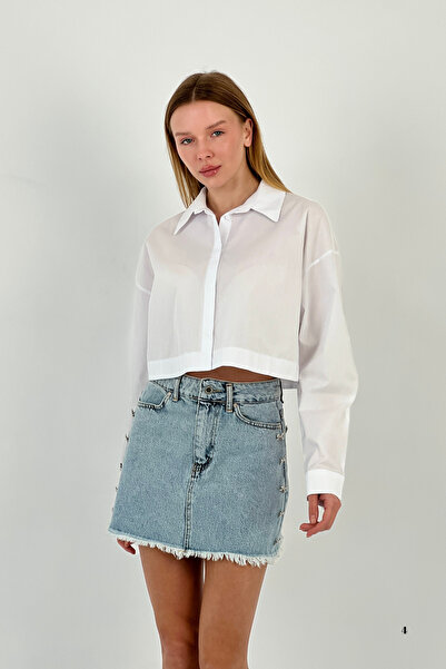 Miss Poem Γυναικείο καλοκαιρινό φαρδύ oversized κοντό λευκό πουκάμισο