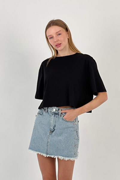 Miss Poem Women's Oversize Basic Short Sleeve Black Crop T-Shirt