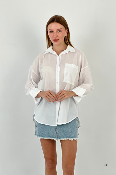 Miss Poem Women's Summer Long Pocket Oversize White Shirt