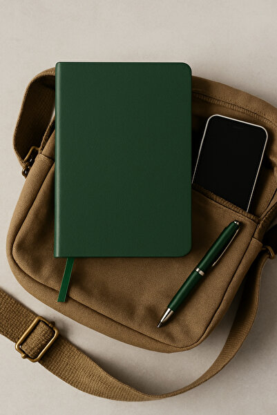 Fark Tanıtım Thermo Leather Cover Dotted Notebook, A5 Notebook, 128 Sheets (256 Pages) Green Cover