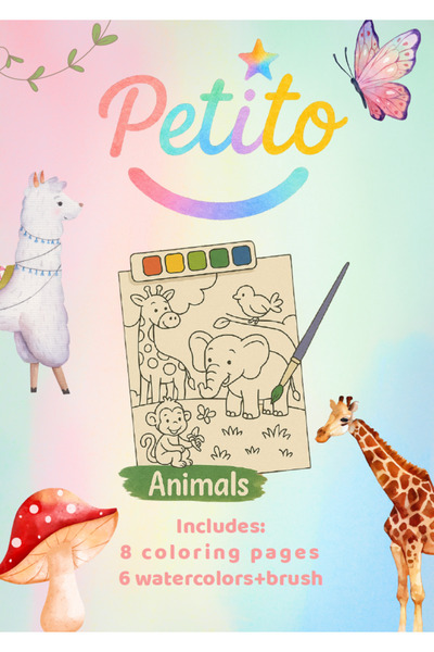 PETİTO Sevimli Hayvanlar Sulu Boya Boyama Seti – 6 Renk Sulu Boya + Fırça + Aktivite Kitabı