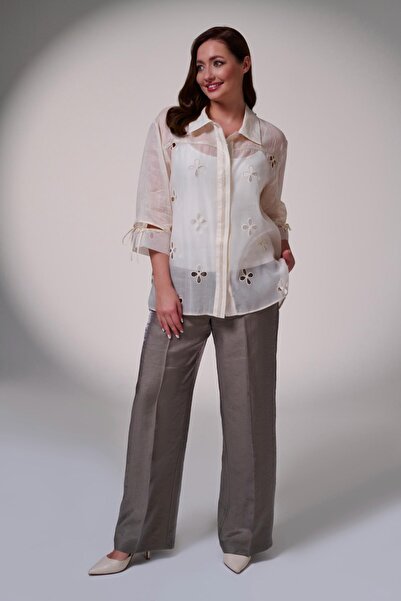 DE WHITES Plus Size Linen and Brodere Detailed Shirt with Front Stitching