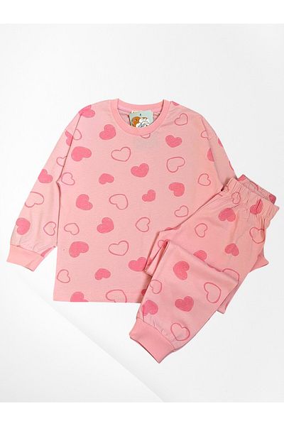 Pajama Shop Girls' 100% Cotton Fabric Heart Patterned Pink Long Sleeve Winter Pajama Set