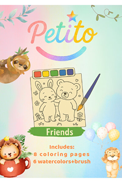 PETİTO Hayvan Dostlar Sulu Boya Boyama Seti – 6 Renk Sulu Boya + Fırça + Aktivite Kitabı
