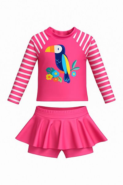 Lolliboomkids White Pink Color Lucky Toucan Bird Printed Long Sleeve Leggings with Skirt 2 Pieces Swimsuit / Bikini Set