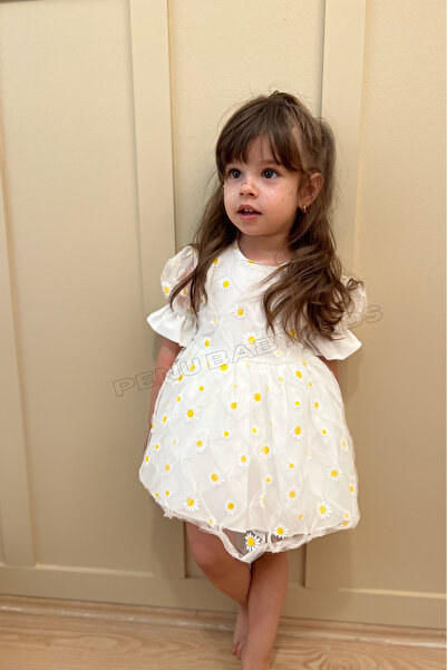 penu baby kids Beyaz Papatya Nakış Işlemeli Kısa Kol Kız Bebek - Çocuk Elbise - Elisa