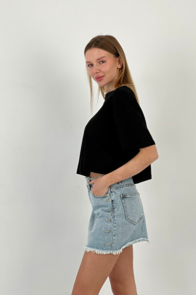 Miss Poem Women's Oversize Basic Short Sleeve Black Crop T-Shirt