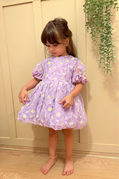 penu baby kids Lila Papatya Nakış Işlemeli Kısa Kol Kız Bebek - Çocuk Elbise - Elisa