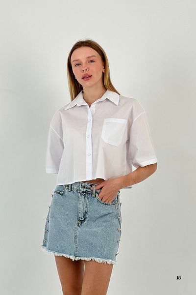Miss Poem Women's Short Summer Pocket Loose Oversize Crop White Shirt