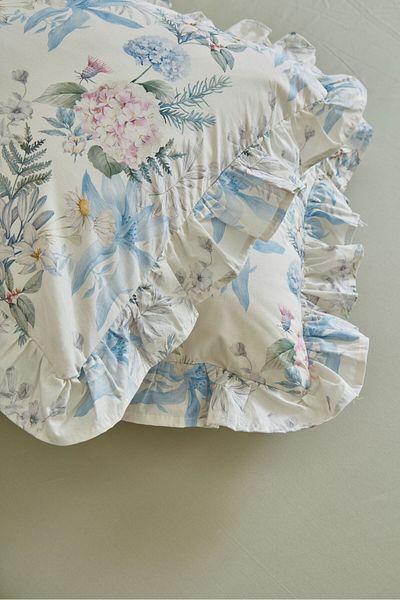 Ricco Lifes 100% Cotton Bluebell Garden Ruffle Pillowcase Fitted Sheet