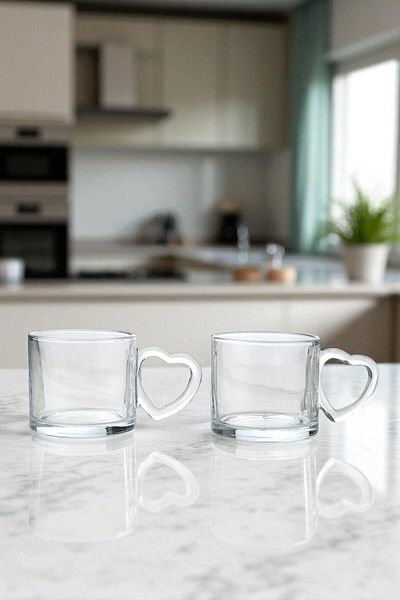 Wow Home Set of 2 Glass Mugs with Heart Handles