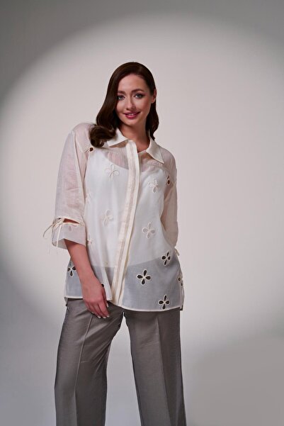 DE WHITES Plus Size Linen and Brodere Detailed Shirt with Front Stitching