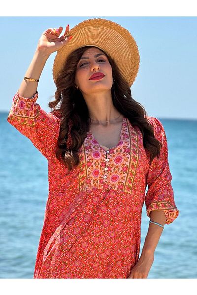 Gönülden Tasarım Ethnic Flower Patterned Casual Indonesian Collar Dress