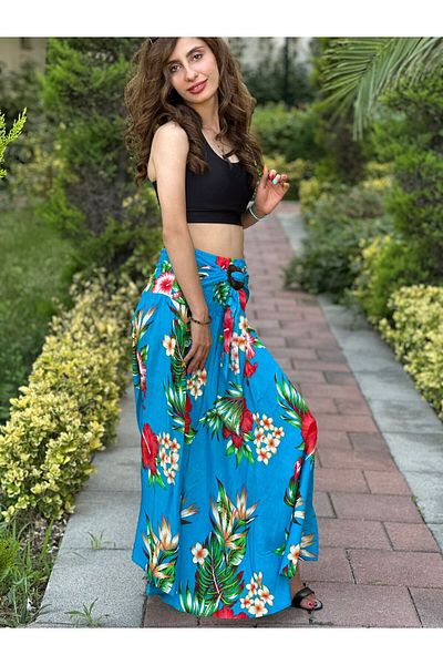 Gönülden Tasarım Bamboo Belt Elastic Flowered Spanish Women's Long Skirt