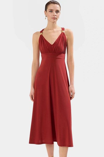 PayBuy Stylish V-Neck Midi Dress Accessory Detailed Knitted Fabric Casual Style Distinguished Material Comfortable Use
