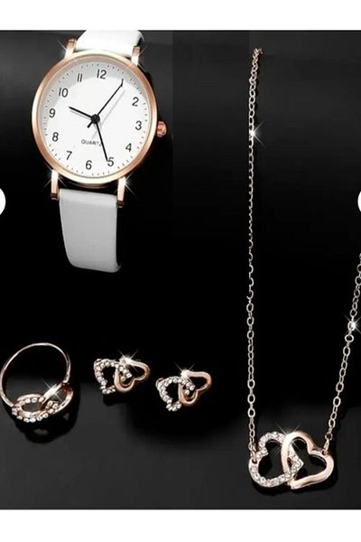BirYıldızOl Leather Women's Watch 5-Piece Heart Jewelry Set - Gift Set Gift for Lover Gift for Mother