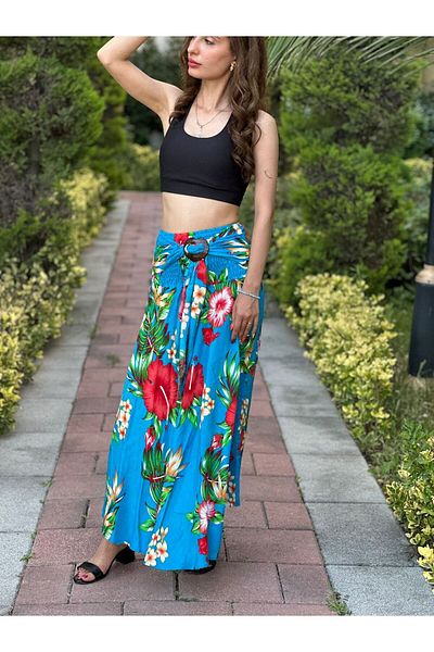 Gönülden Tasarım Bamboo Belt Elastic Flowered Spanish Women's Long Skirt