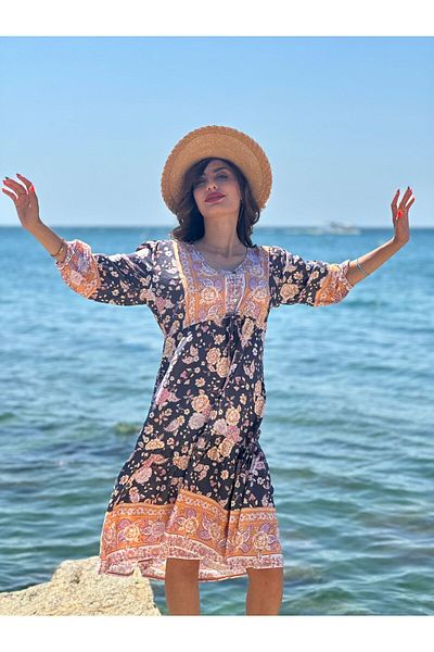 Gönülden Tasarım Ethnic Flower Patterned Casual Indonesian Collar Dress