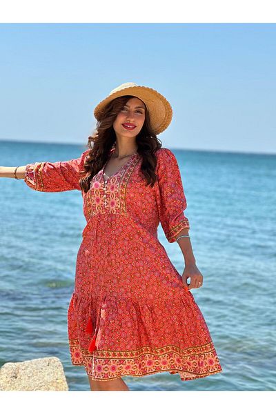 Gönülden Tasarım Ethnic Flower Patterned Casual Indonesian Collar Dress