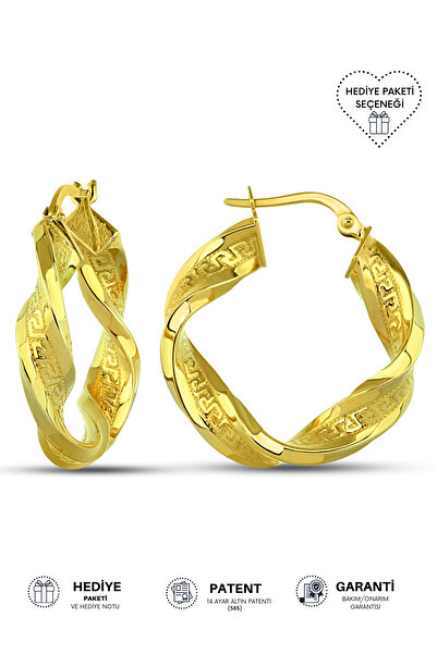 Altınkesesi 14 Ayar Altın Hacimli Desenli Burgu Halka Küpe 2.5 Cm