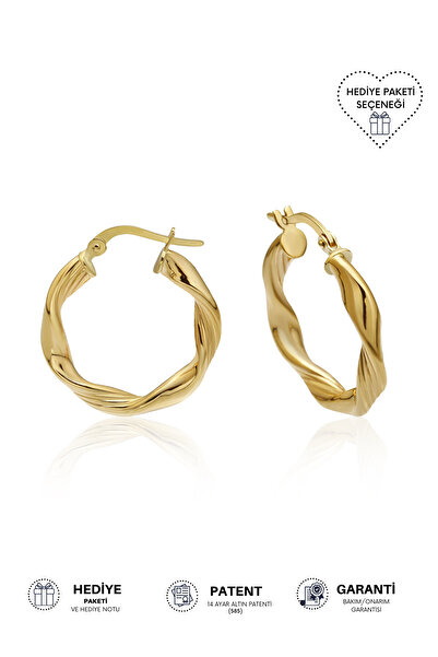 Altınkesesi 14 Ayar Altın Hacimli Çizgili Burgu Halka Küpe 2.2 Cm