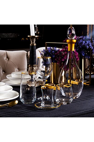 sudeka 61 Parça 12 Kişilik Gold Yaldızlı Cam Su Takımı Çeyiz Seti