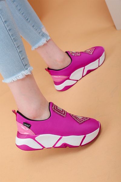 layki İmmobile Fuchsia Colored Front Shiny Stone Parachute Fabric Lux Women's Sports Shoes