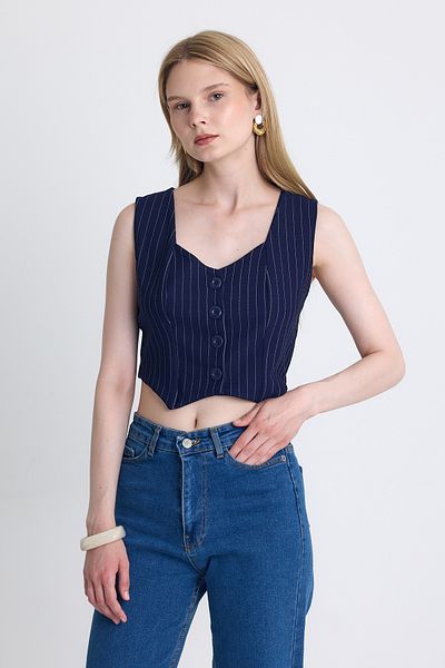 Rays Laci Striped V-Neck Buttoned Crop Vest with Pinch Detail 4288A