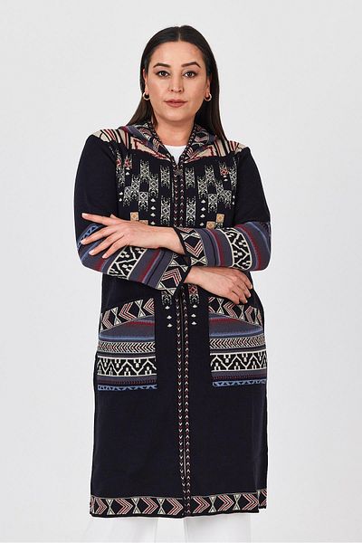 Uludağ Triko Cardigan lung de tricotaj cu fermoar cu model de dama neagra pentru femei