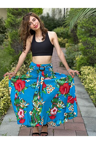 Gönülden Tasarım Bamboo Belt Elastic Flowered Spanish Women's Long Skirt